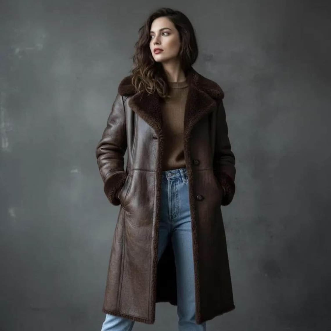 Women’s Brown Shearling Lined Long Winter Jacket