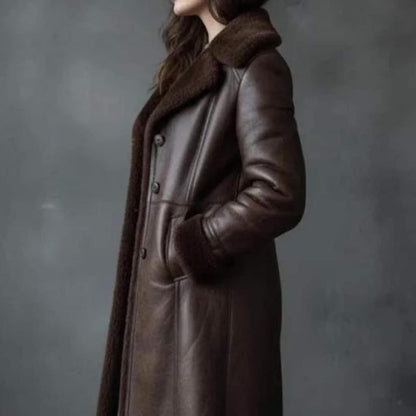 Women’s Brown Shearling Lined Long Winter Jacket