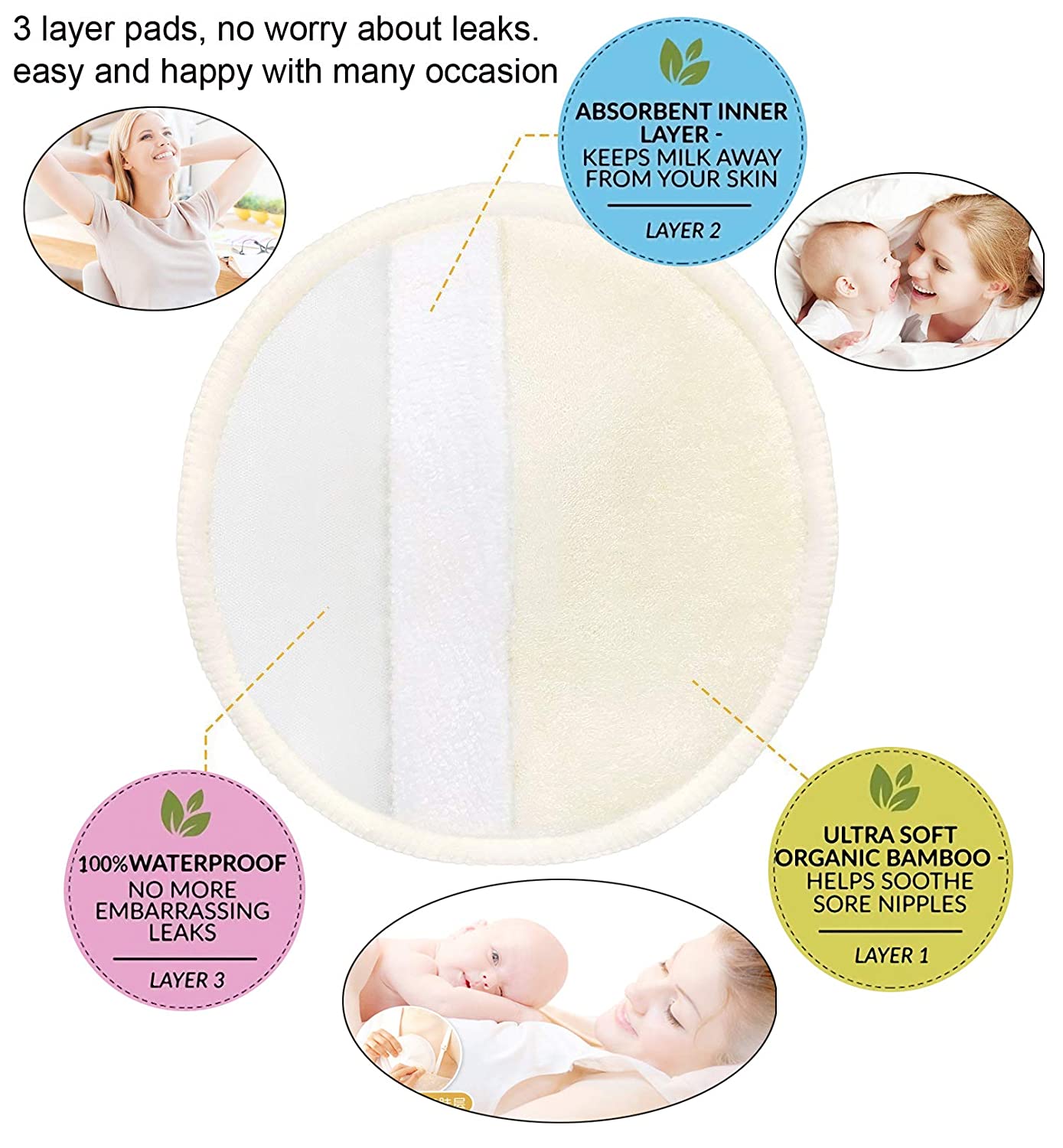 Organic Bamboo Nursing Breast Pads (6 units) | Breastfeeding Nipple Pads for Maternity - Reusable Breast Pads for Breastfeeding - NextMamas